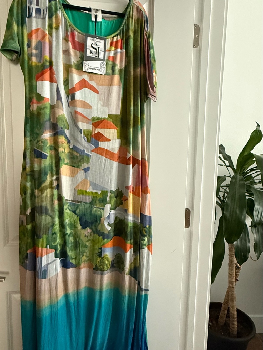Sassy Jones Scenic Watercolor Print Maxi Dress - Teal, Green, Orange Size M